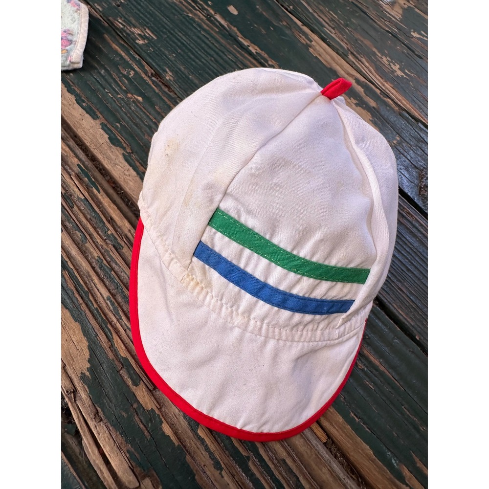 Vintage 12 Months Baby Sun Hat White Red Green Blue Stripes Elastic Back A4271